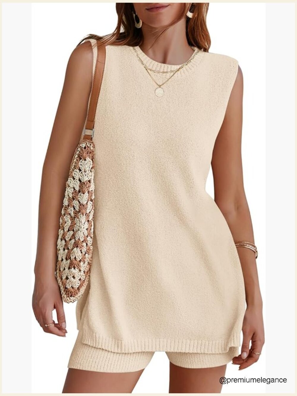 Sleeveless Knit Lounge Set with Tunic Top and Shorts Oversized Casual Vacation